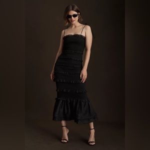 V. Chapman Geranium Ruched & Ruffled Flounce-Hem Stretch Midi Dress in Black